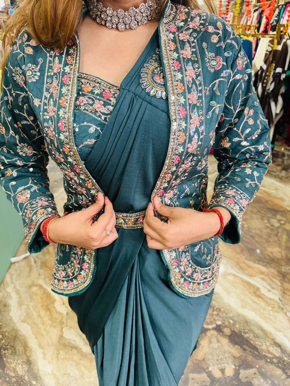 Sequence work ready to wear saree with full koti