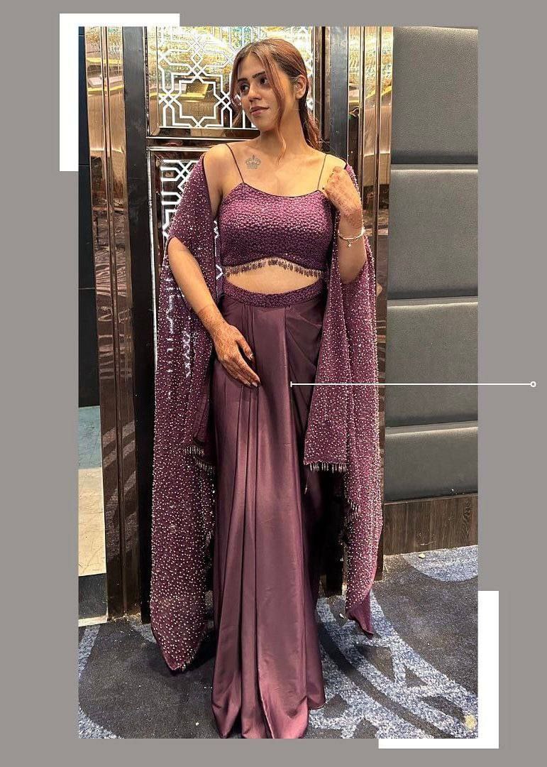 WESTERN STYLE RANGOLI SILK HEAVY SEQUENCE WORK SHRUG, TUBE CHOLI WITH DRAPED SKIRT