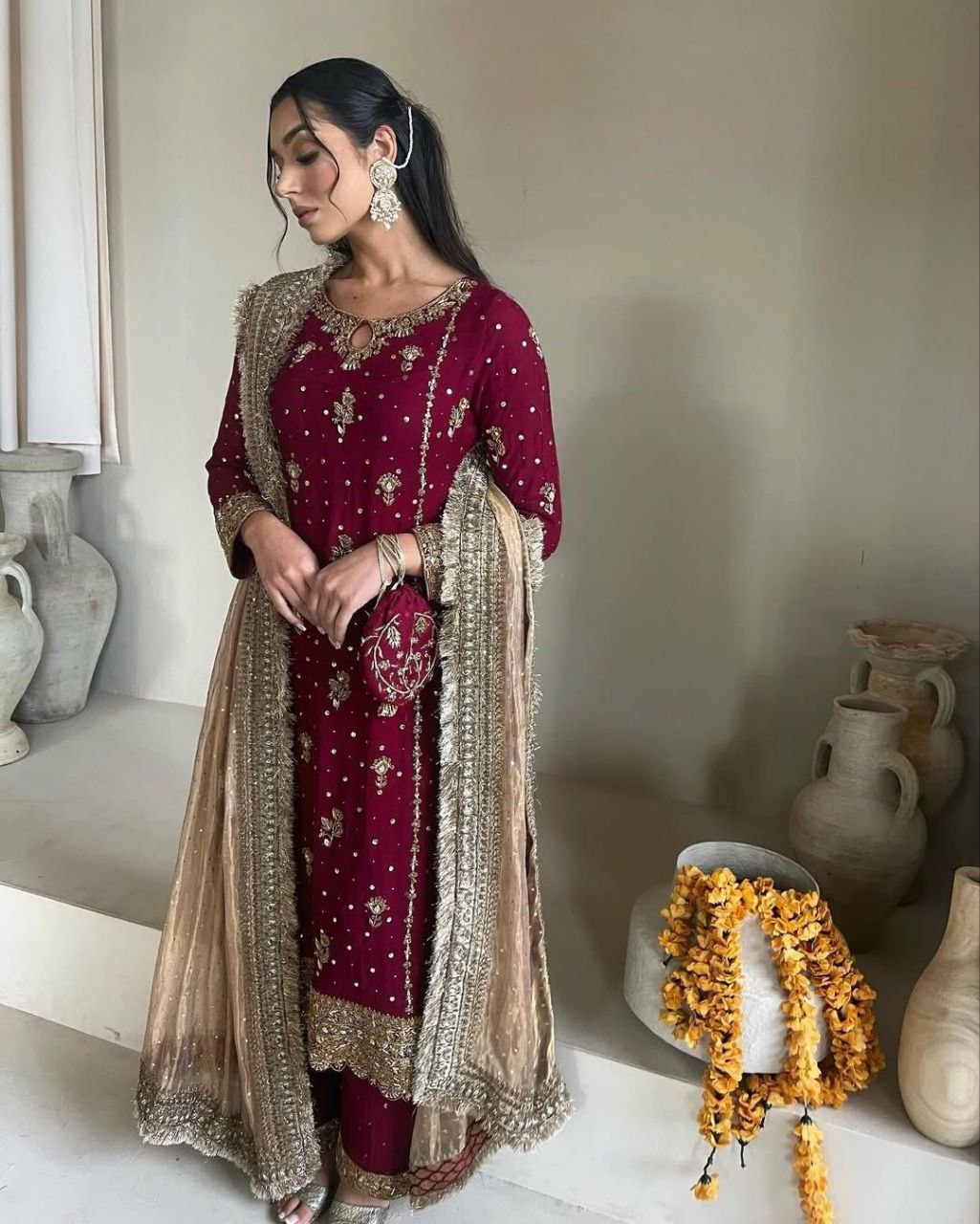 SEQUENCE EMBROIDERED AND ORIGINAL MOTTI HANDMADE WORK TOP AND PENT WITH DUPATTA