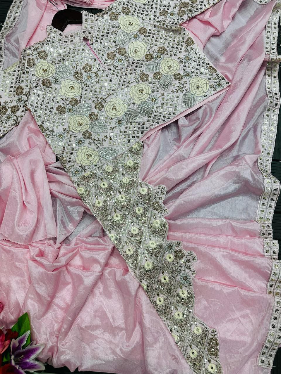 Trending Embroidery cording work ready to wear saree with full koti