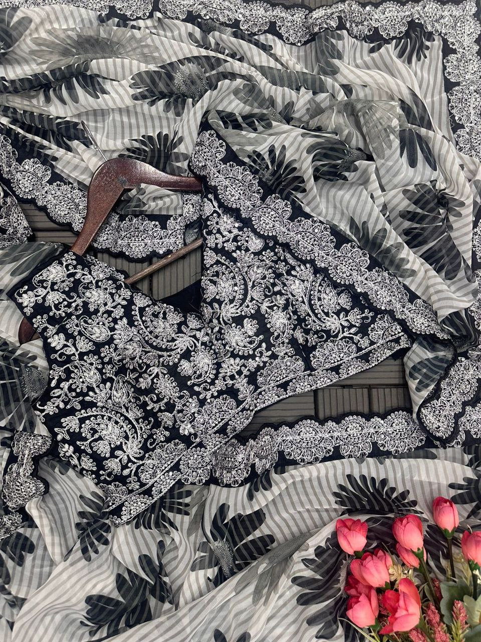 Embroidery cording work ready to wear saree with Embroidery Blouse