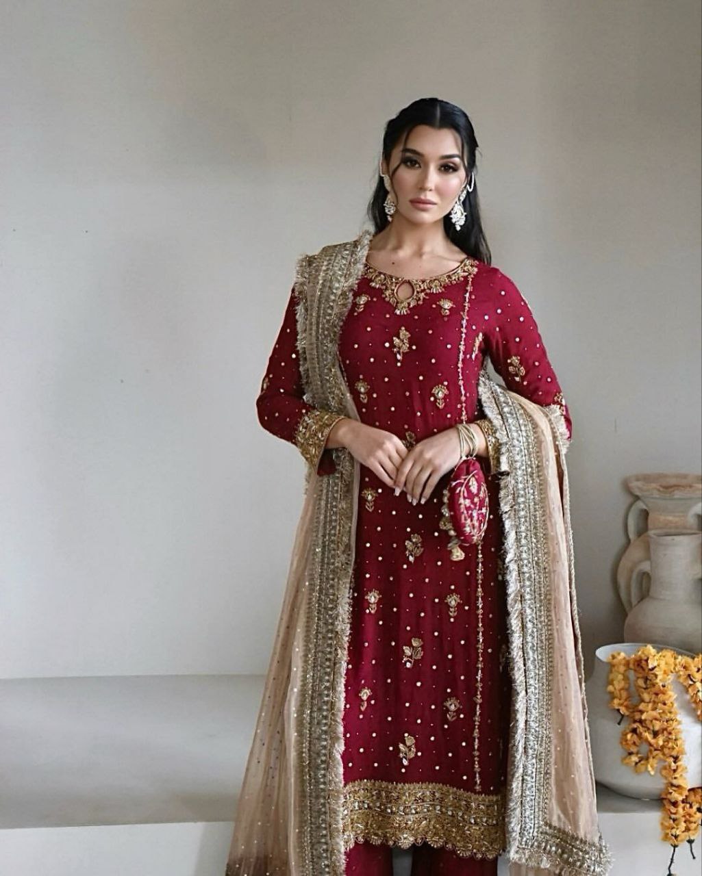SEQUENCE EMBROIDERED AND ORIGINAL MOTTI HANDMADE WORK TOP AND PENT WITH DUPATTA