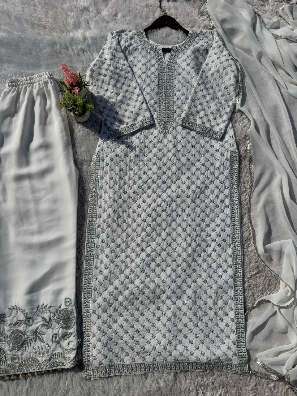 SEQUENCE EMBROIDERED AND 1700+ORIGINAL MOTTI HANDMADE WORK TOP AND PENT WITH DUPATTA