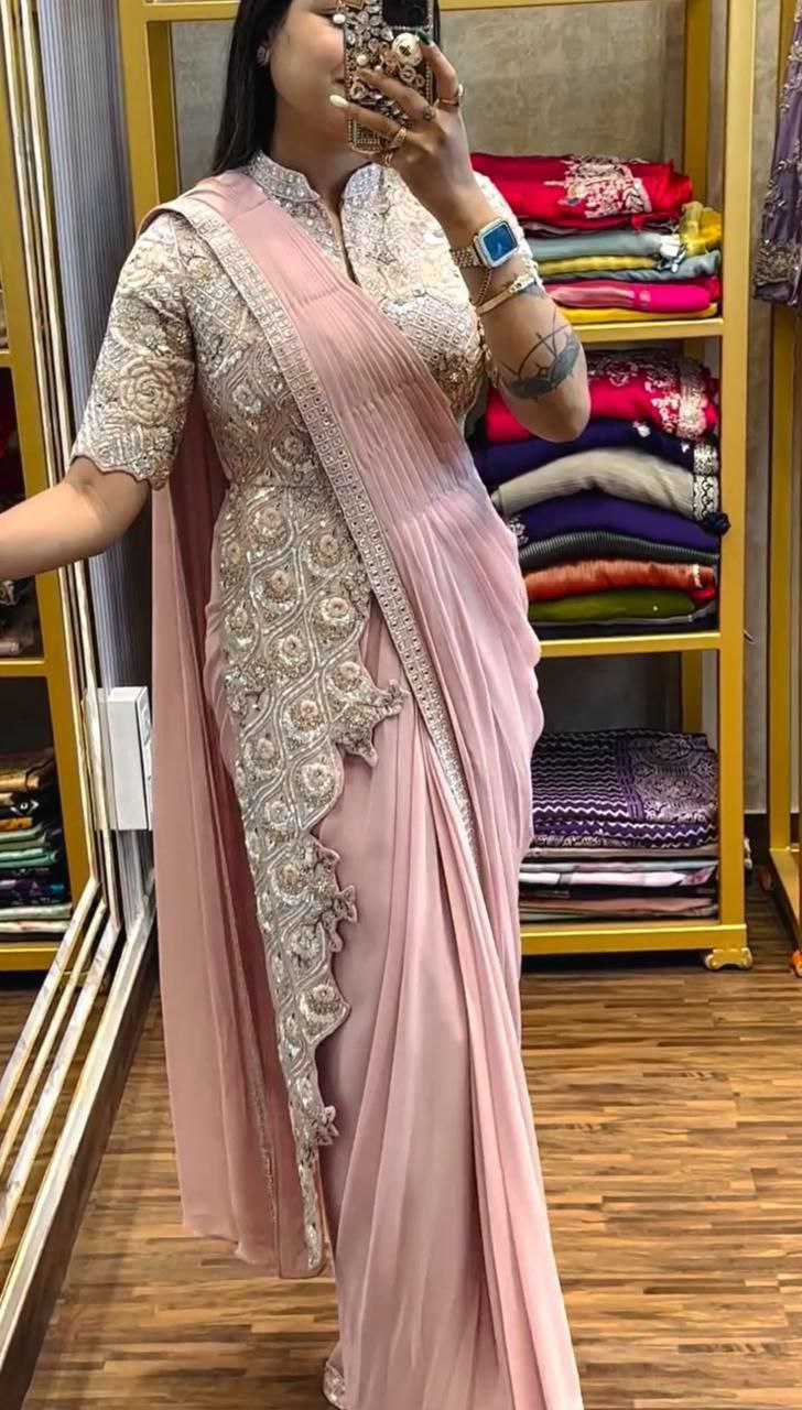 Trending Embroidery cording work ready to wear saree with full koti