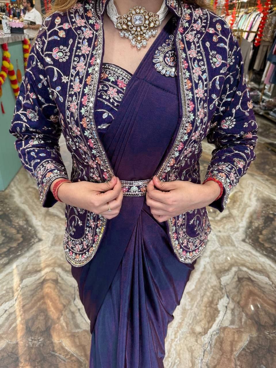 Sequence work ready to wear saree with full koti