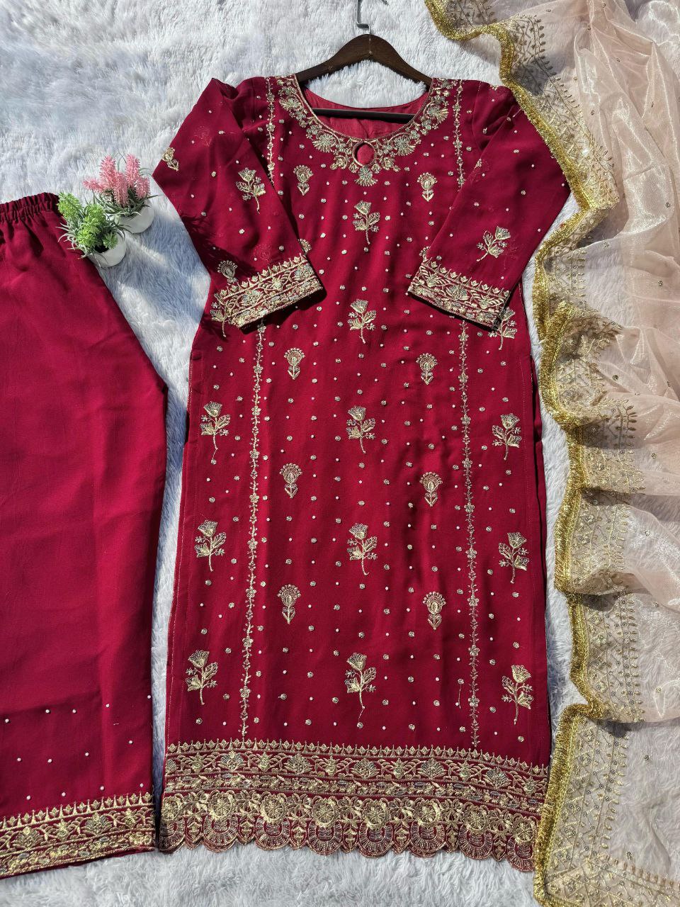 SEQUENCE EMBROIDERED AND ORIGINAL MOTTI HANDMADE WORK TOP AND PENT WITH DUPATTA