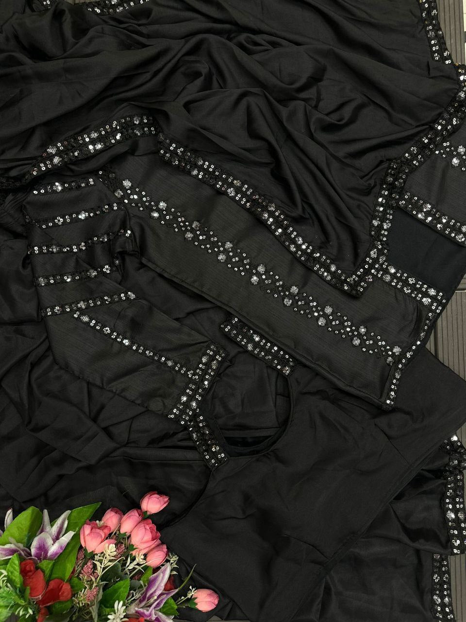 Embroidery Sequence work ready to wear saree with full koti