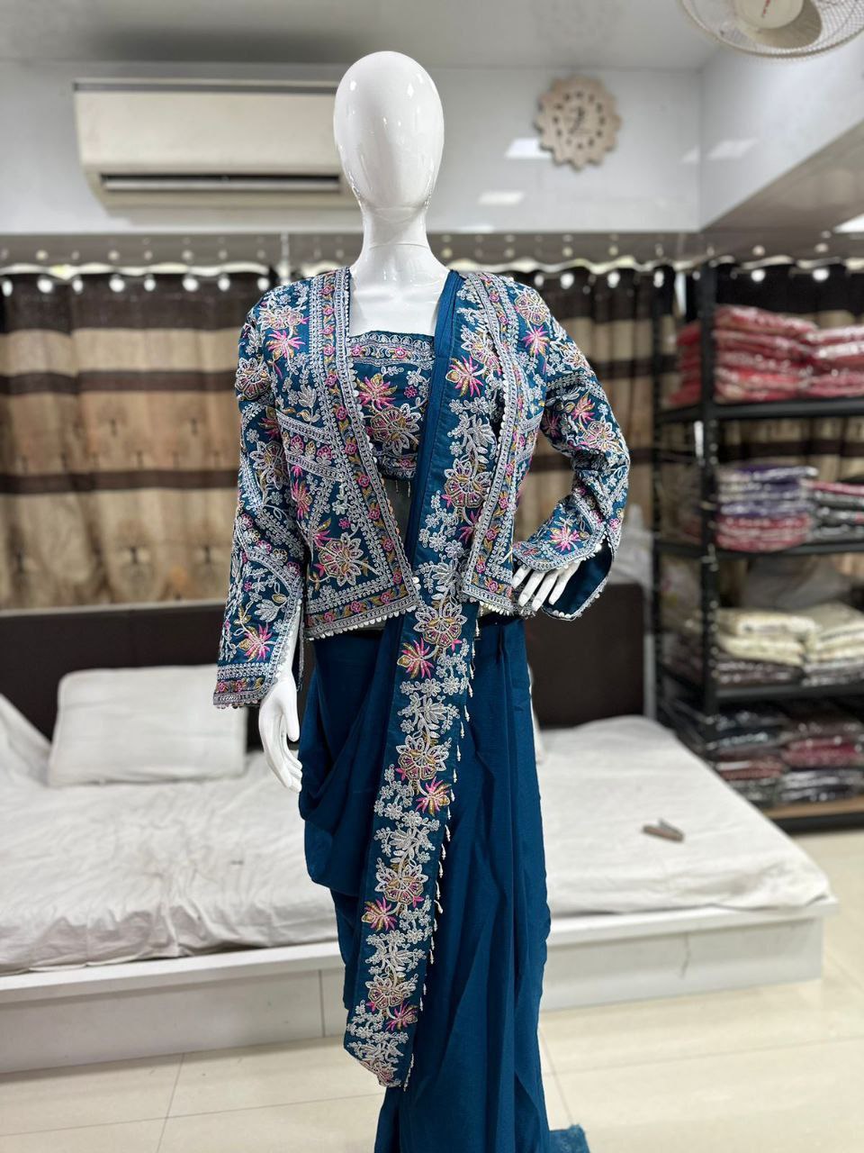 Embroidery cording work ready to wear saree with full koti