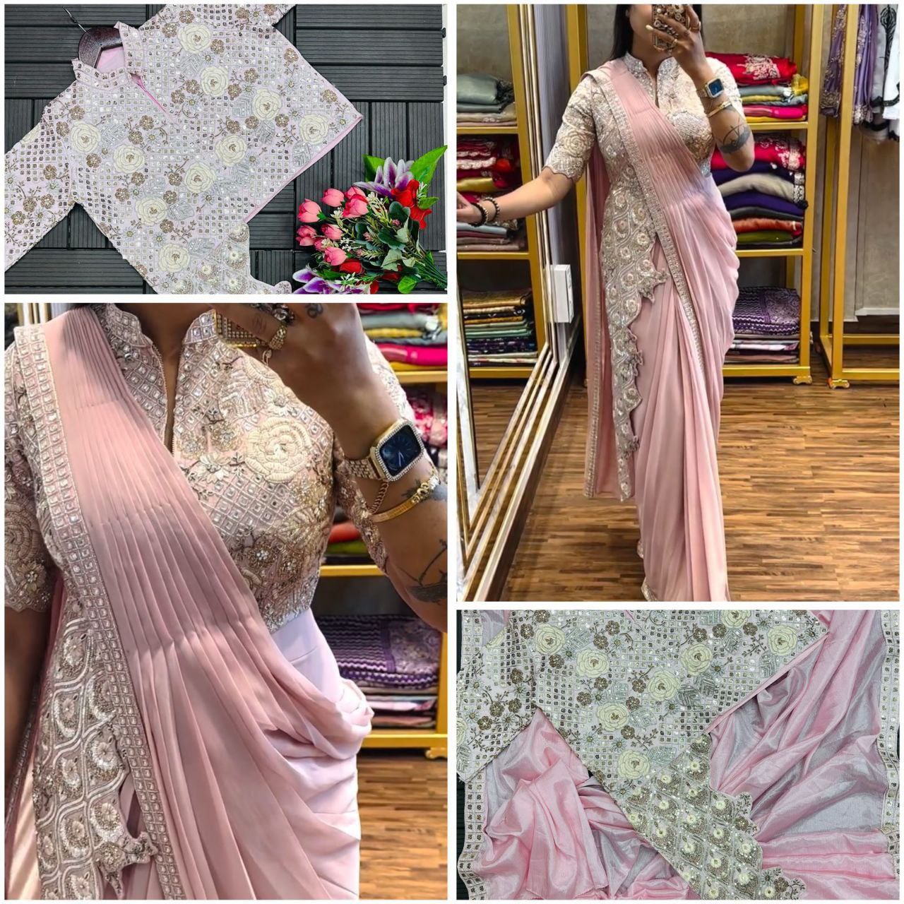 Trending Embroidery cording work ready to wear saree with full koti