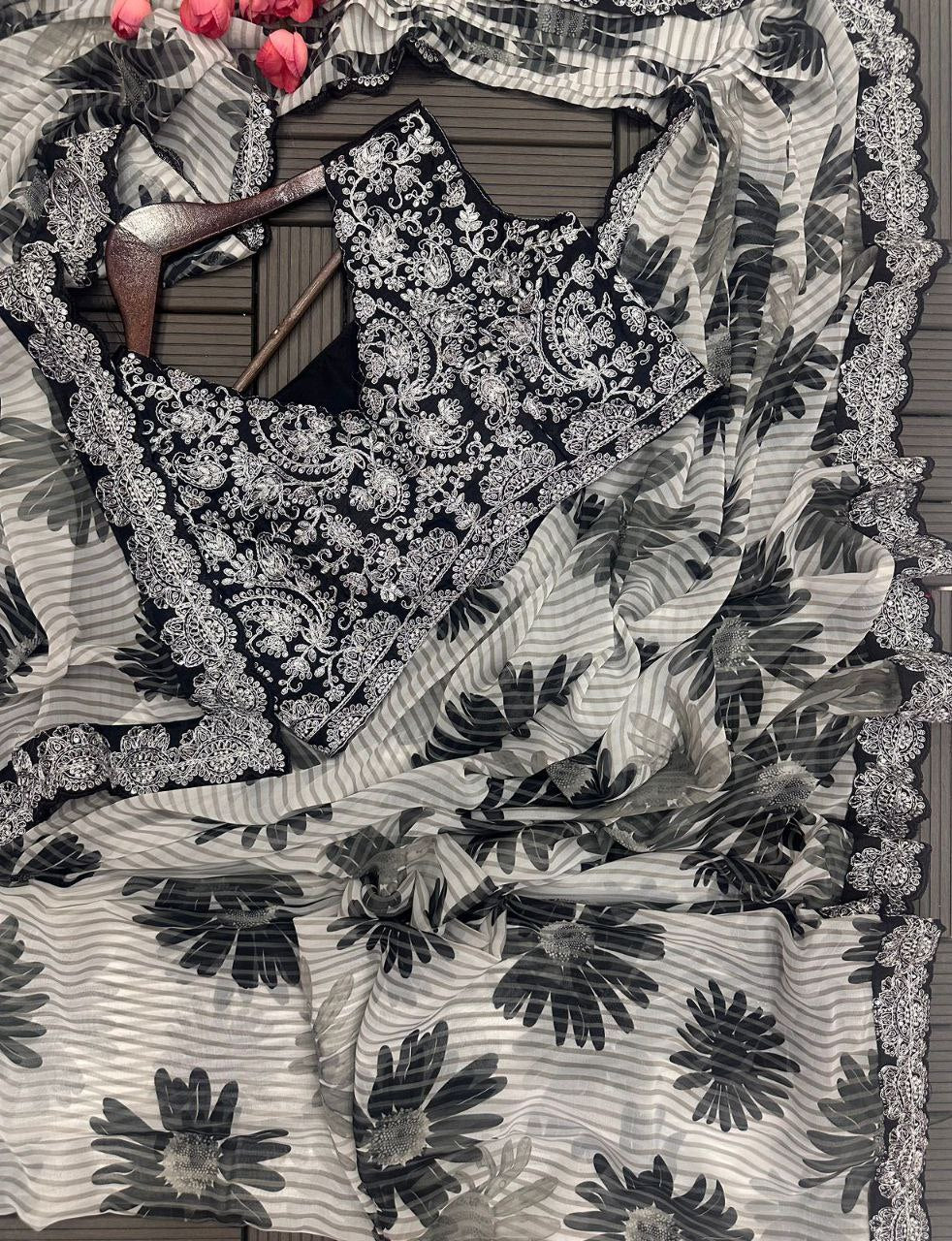Embroidery cording work ready to wear saree with Embroidery Blouse
