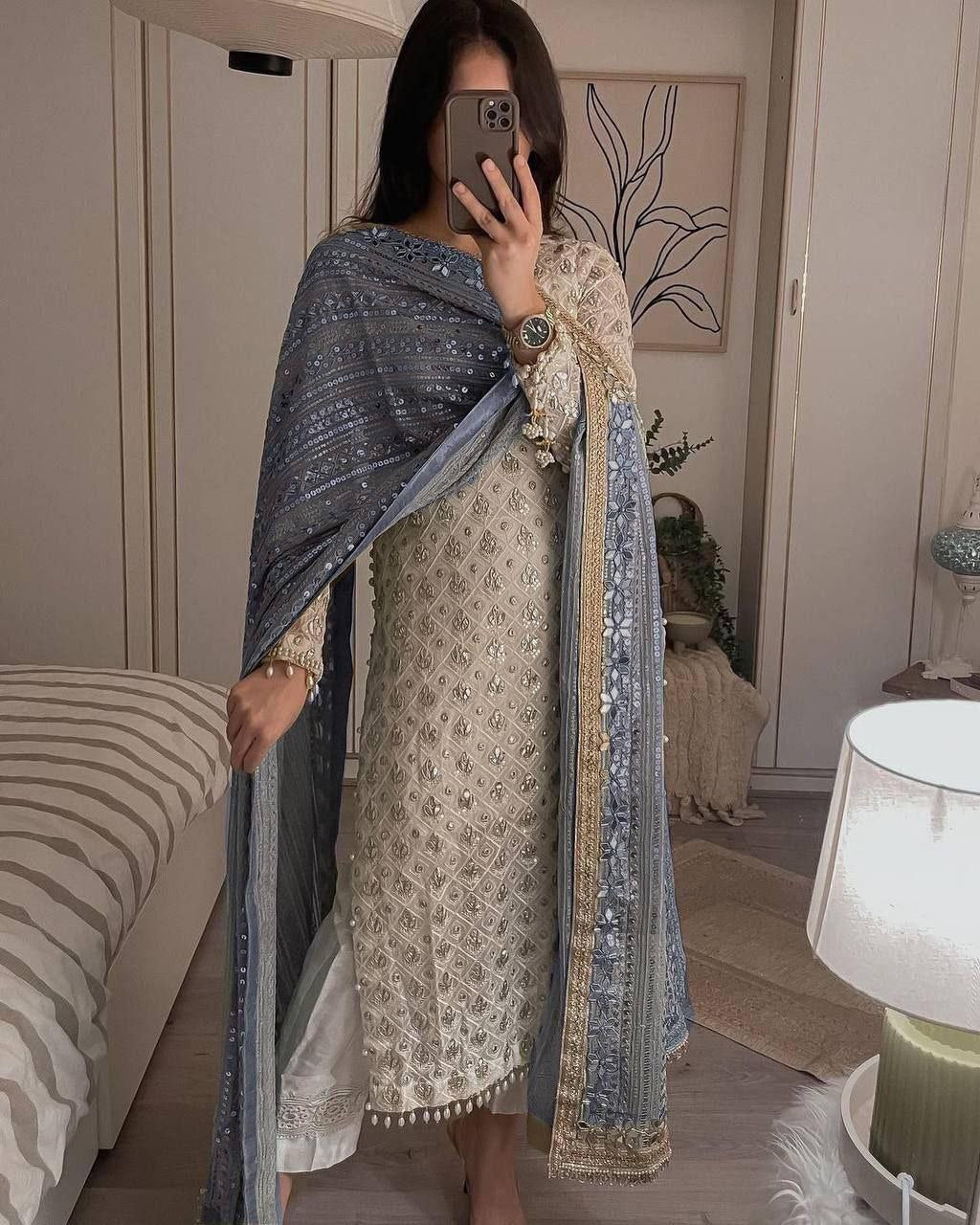 EQUENCE EMBROIDERED WORK TOP AND PENT WITH DUPATTA