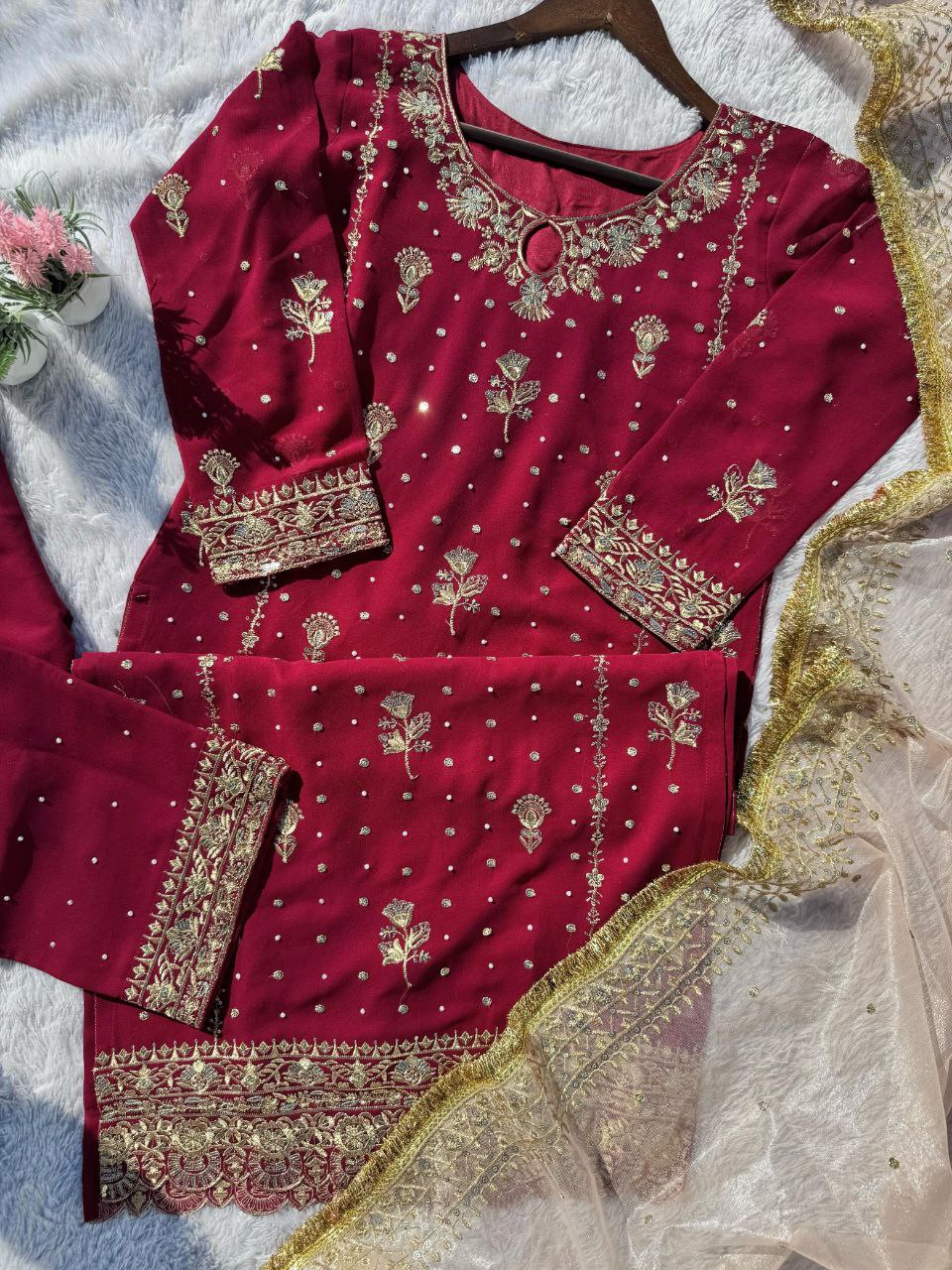 SEQUENCE EMBROIDERED AND ORIGINAL MOTTI HANDMADE WORK TOP AND PENT WITH DUPATTA