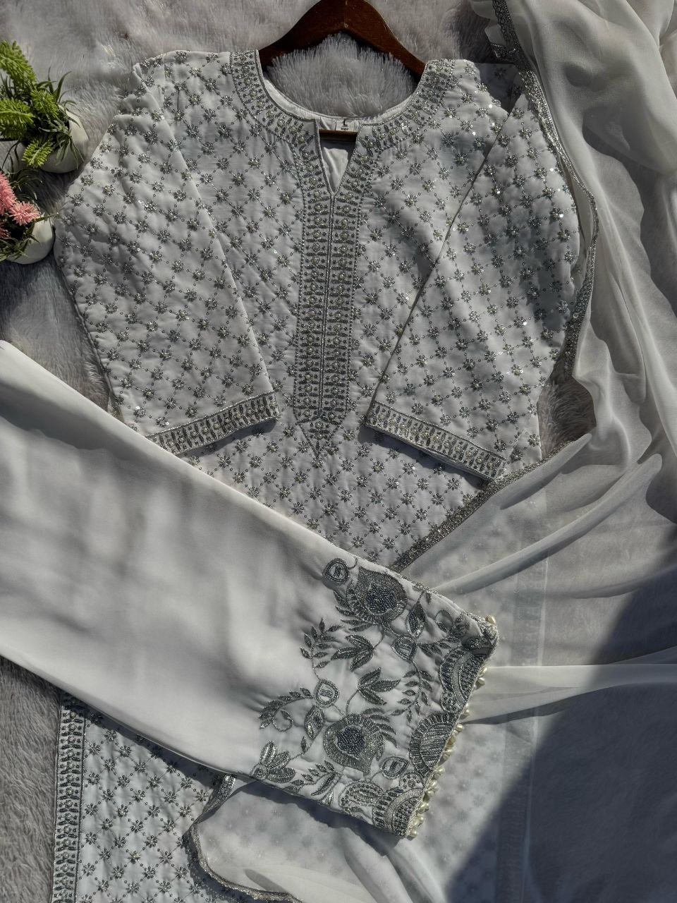 SEQUENCE EMBROIDERED AND 1700+ORIGINAL MOTTI HANDMADE WORK TOP AND PENT WITH DUPATTA