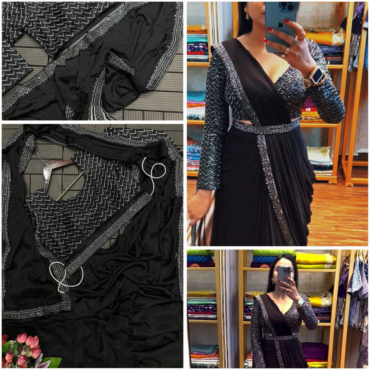 Embroidery Sequence work ready to wear saree