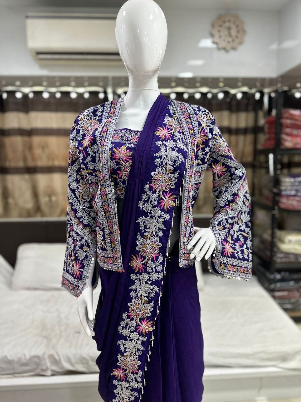 Embroidery cording work ready to wear saree with full koti