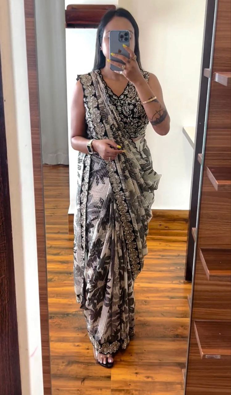 Embroidery cording work ready to wear saree with Embroidery Blouse