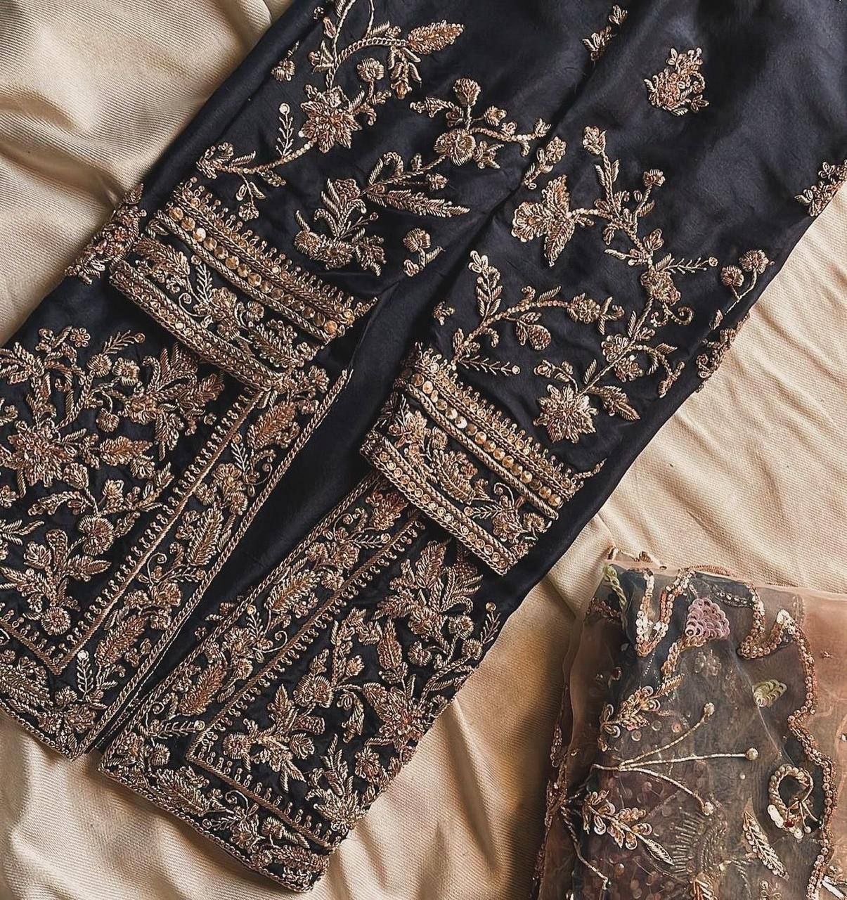HEAVY CHINON WITH SEQUANCE EMBROIDERY WORK SUIT WITH FULL FLAIR WORK GHARARA