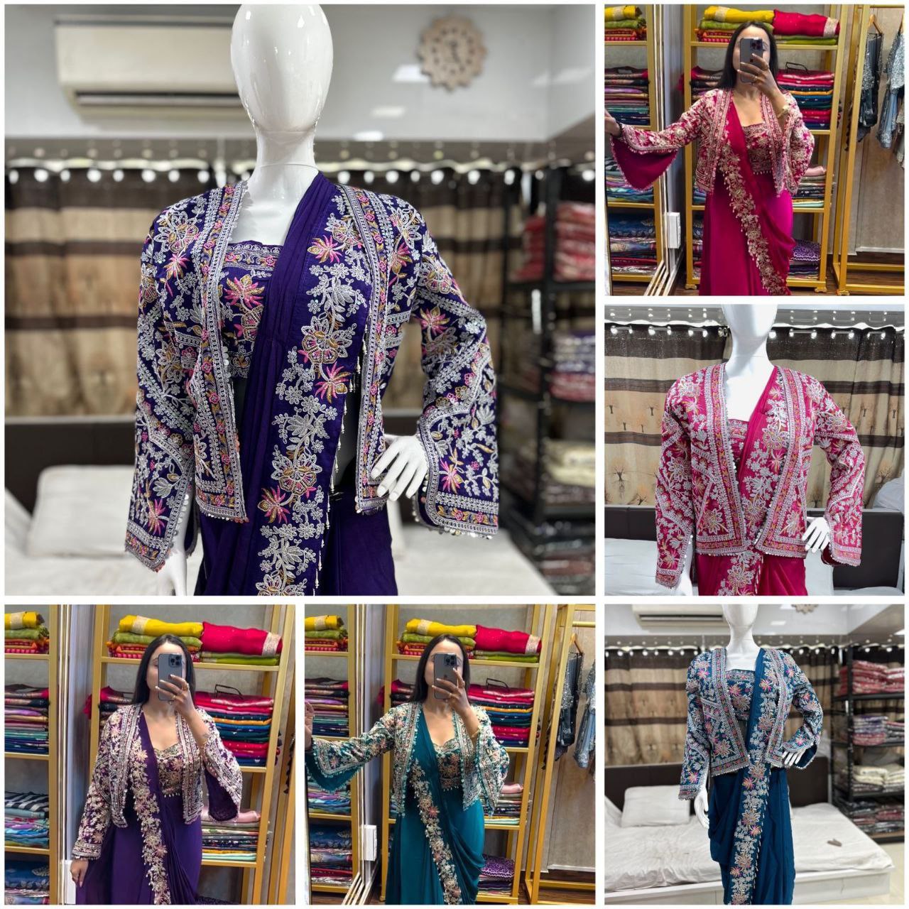 Embroidery cording work ready to wear saree with full koti