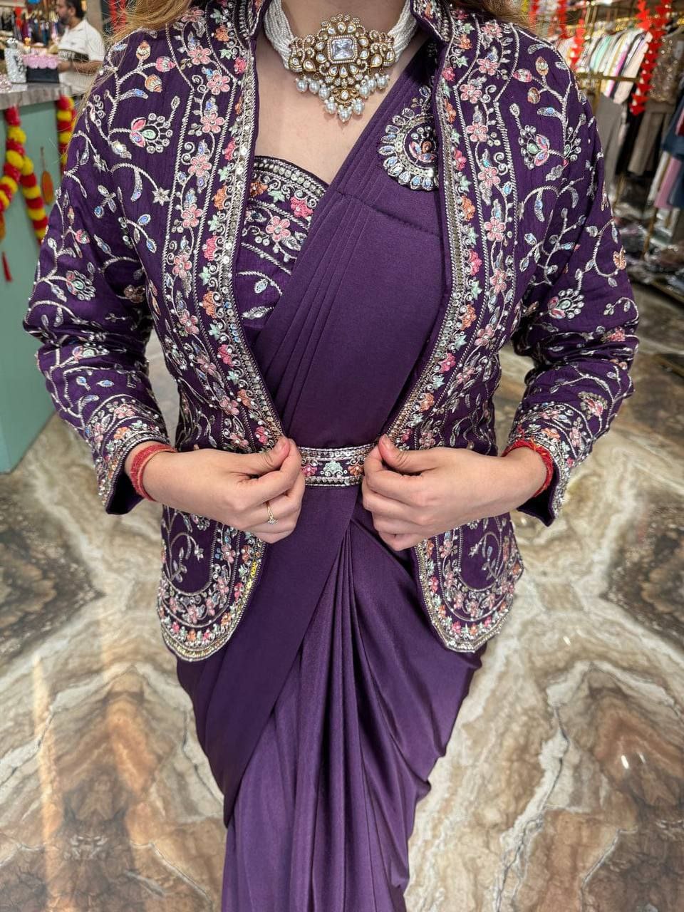 Sequence work ready to wear saree with full koti