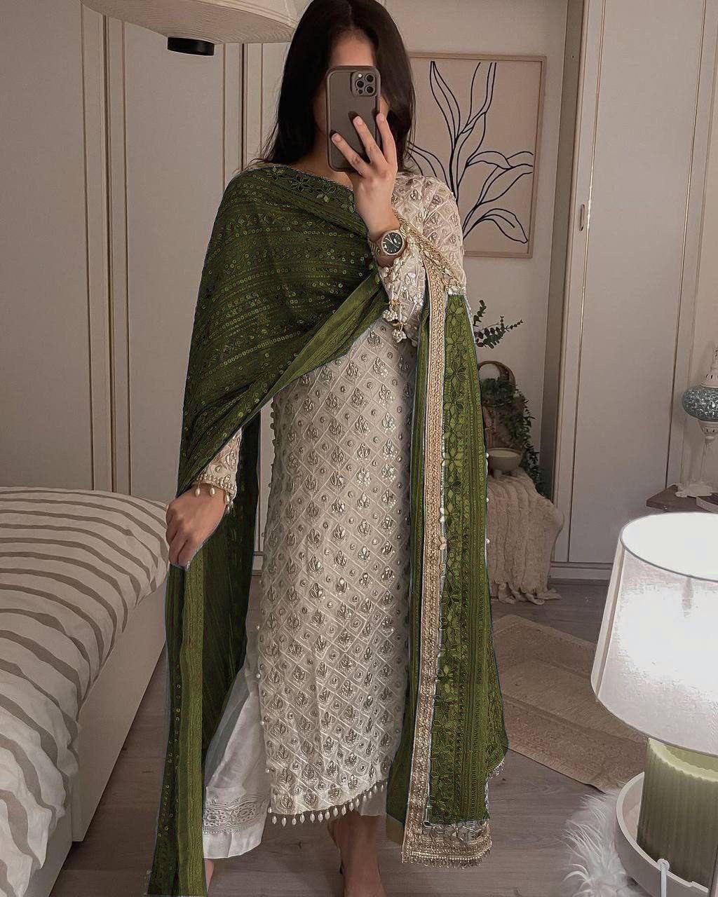 EQUENCE EMBROIDERED WORK TOP AND PENT WITH DUPATTA